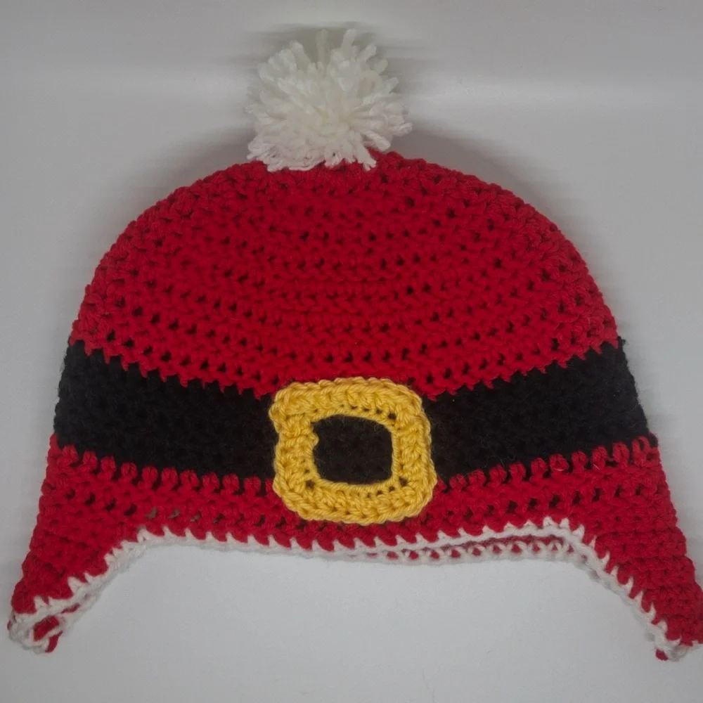 Handmade‎ Santa Belt Crochet Winter Hat Red Black Gold Baby 6–12M Pom Pom Beanie
